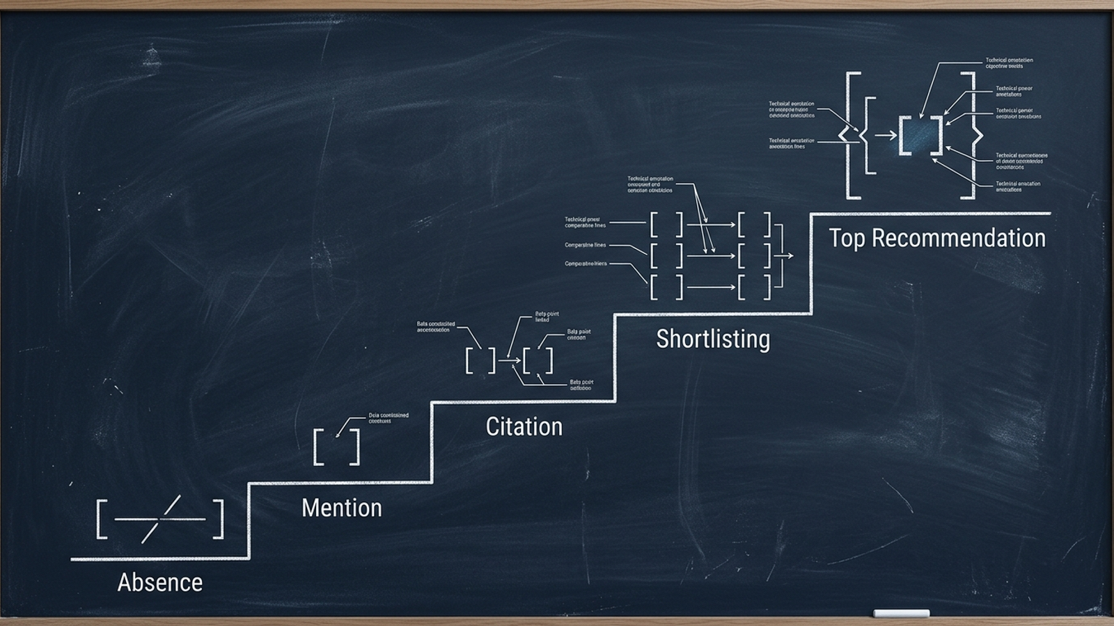 Technical schematic on a navy chalkboard showing an AI visibility maturity ladder from absence to recommendation.