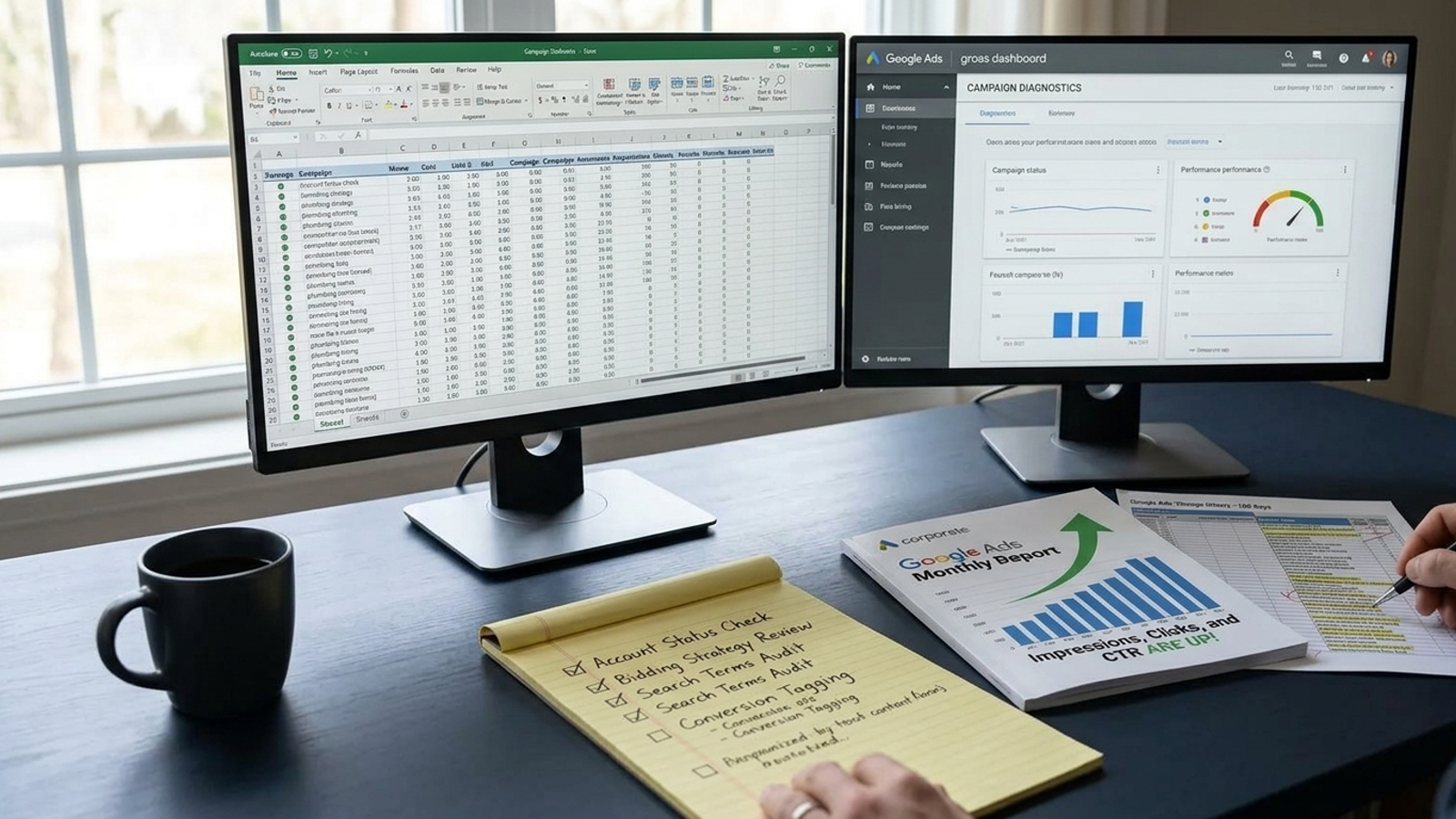 A desk with two monitors showing advertising account settings and a handwritten audit checklist.